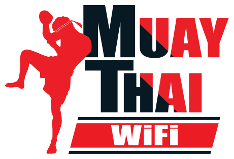 Muay Thai WiFi logo featuring a red Muay Thai fighter silhouette beside bold black and red 'MUAY THAI' text and a red WiFi banner.